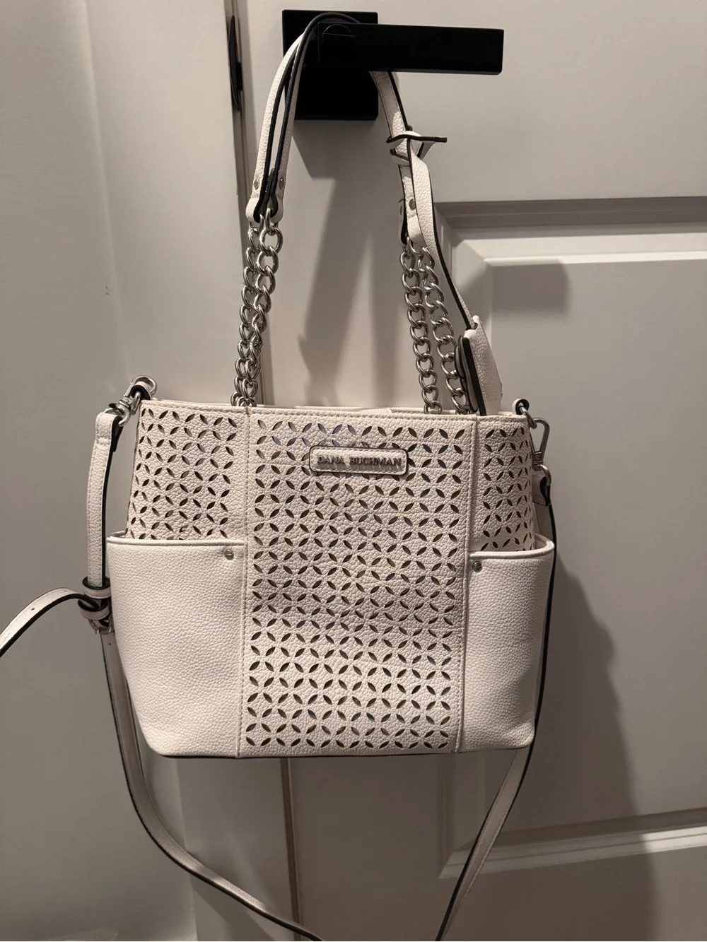 Dana Buchman Cream Laser-Cut Leather Shoulder Bag with Chain Straps